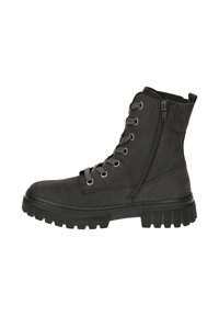 Zwarte enkelboots met een gestructureerde suede afwerking, voorzien van metalen oogjes, een zijrits en een robuuste rubberen zool voor duurzaamheid.