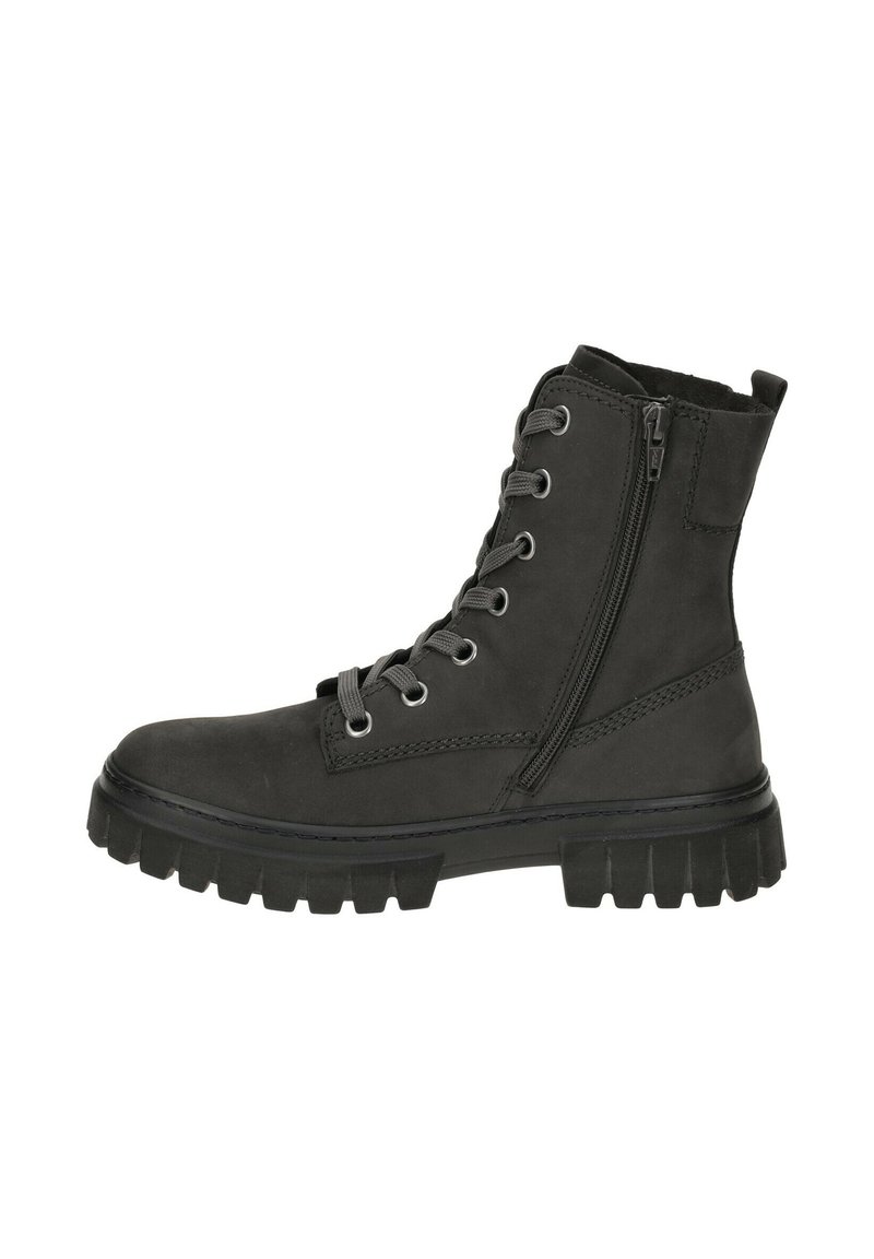 Zwarte enkelboots met een gestructureerde suede afwerking, voorzien van metalen oogjes, een zijrits en een robuuste rubberen zool voor duurzaamheid.