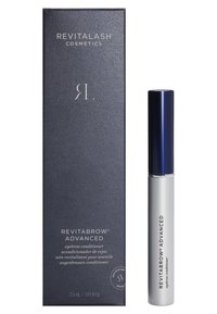 Condizionatore per sopracciglia Revitalash® Advanced in un tubo argentato con un tappo blu scuro, racchiuso in una scatola navy strutturata. 3,0 mL.