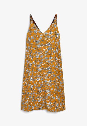 Robe sans manches en V couleur jaune moutarde avec motif floral noir et blanc ; tissu léger, forme évasée, longueur genou.