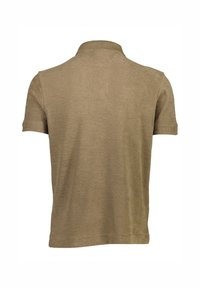 Kortärmad polo-tröja i beige-brunt material med en strukturerad yta, med krage och subtila sömdetaljer i nederkanten.