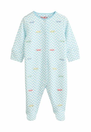 Pigiama in cotone azzurro chiaro con un motivo a scacchi, caratterizzato da piccole illustrazioni di auto colorate e chiusure a scatto lungo la parte anteriore.