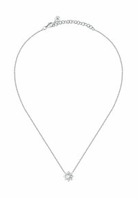 Collana in argento con pendente a forma di fiocco di neve, caratterizzata da numerosi cristalli trasparenti che riflettono la luce con una finitura lucida.