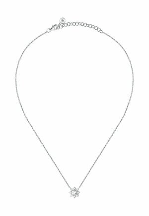 Collana in argento con pendente a forma di fiocco di neve, caratterizzata da numerosi cristalli trasparenti che riflettono la luce con una finitura lucida.