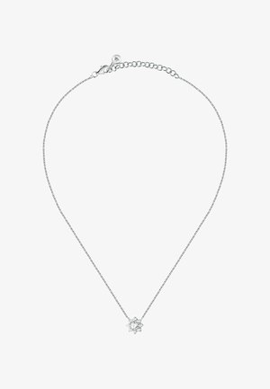 Collana in argento con pendente a forma di fiocco di neve, caratterizzata da numerosi cristalli trasparenti che riflettono la luce con una finitura lucida.