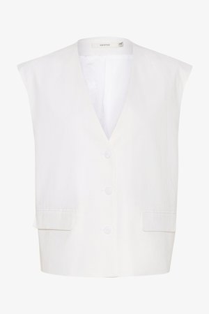 Valge ilma varrukateta vest sügava V-kaelusega, kolme nööbiga, kahe esikotiga ja siledast kangast viimistlusega. Lihtne disain kohandatud servadega.