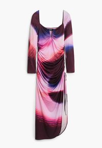 Šaty s dlhým rukávom z ľahkej, elastickej tkaniny s viacfarebným vzorom v ružovej, fialovej a burgundskej farbe, so skladmi po stranách.
