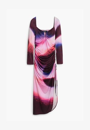 Vestido de manga larga en una tela ligera y elástica, con un patrón de remolino multicolor en rosa, púrpura y burdeos, con fruncidos laterales.