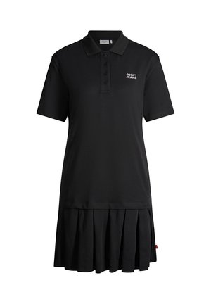 Schwarzes Polo-Kleid mit kurzen Ärmeln, geknöpftem Kragen, plissiertem Rocksaum und "JOOP! JEANS"-Logo auf der linken Brustseite.