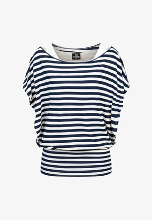 Pull-over en marinière bleu marine et blanc, avec un grand col et des manches courtes. Fabriqué en tissu doux, il présente une coupe décontractée et un ourlet arrondi.