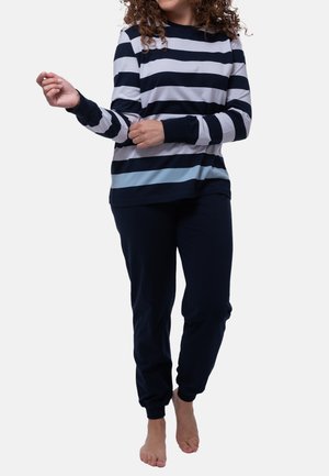Langarm-gestreifter Oberteil in Marineblau, Hellblau und Weiß, kombiniert mit Navy-Jogginghosen. Bequemer Stoff mit gerippten Bündchen und Knöcheln.