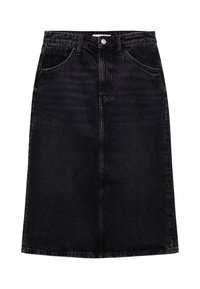 Sort denim A-formet nederdel med mellemlang længde, der har frontlommer, metallisk knaplukning og minimal falmning for et rent udtryk.