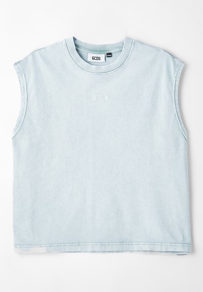 Light blue sleeveless top made from cotton, featuring a round neckline, raw edges, and a centered logo patch with stitched detailing.