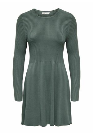 Ribbed knit dress in a muted green shade, featuring long sleeves, a fitted bodice, and a flared skirt ending above the knee. Smooth texture.