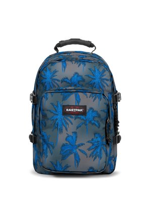 Blauer Palmenbaum-Muster auf grauem Hintergrund, gepolsterter Rucksack mit verstellbaren Trägern, einem oberen Griff und einer vorderen Reißverschlusstasche mit dem Aufdruck "EASTPAK."