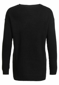 Schwarzer Strickpullover mit geripptem Muster, langen Ärmeln und lockerer Passform. Hat einen runden Ausschnitt und seitliche Schlitze am Saum.