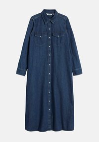 Denim-paitamekko, pitkät hihat, tummansininen, kaksi rintataskua, napitettava etuosa, kaulus, hiukan levenevä helmassa.