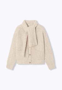 Cardigan en tricot beige avec un col châle et une écharpe attachée, doté de deux poches avant et d'une fermeture par boutons, surface texturée.