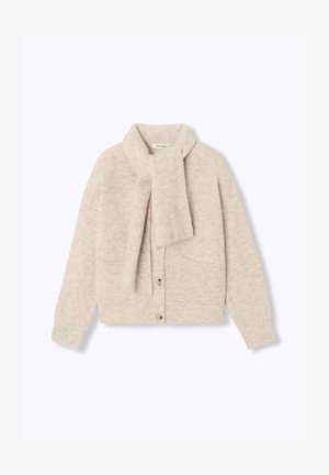 Cardigan en tricot beige avec un col châle et une écharpe attachée, doté de deux poches avant et d'une fermeture par boutons, surface texturée.