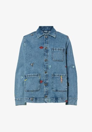 Denim jacket in light blue with embroidered designs, including hearts, birds, and eyes. Features two chest pockets and button closure.