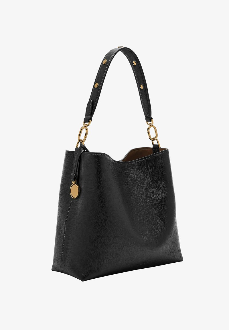 Black leather shoulder bag with a textured surface, gold-tone hardware, and a rounded shape. Features a single strap with rivets and a charm.