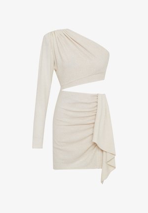 Yhden olkapään spandex-henkinen beige mekko, jossa on tiukka yläosa, rypytetty hame ja roikkuva yksityiskohta sivuilla. Pehmeä, teksturoitu kangas.