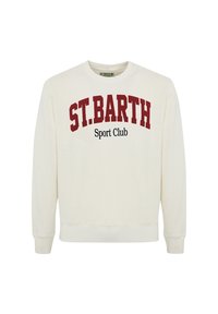Felpa crema con collo a giro, scritta rossa e nera "ST. BARTH Sport Club" sul petto, polsini e fondo a costine. Tessuto morbido.