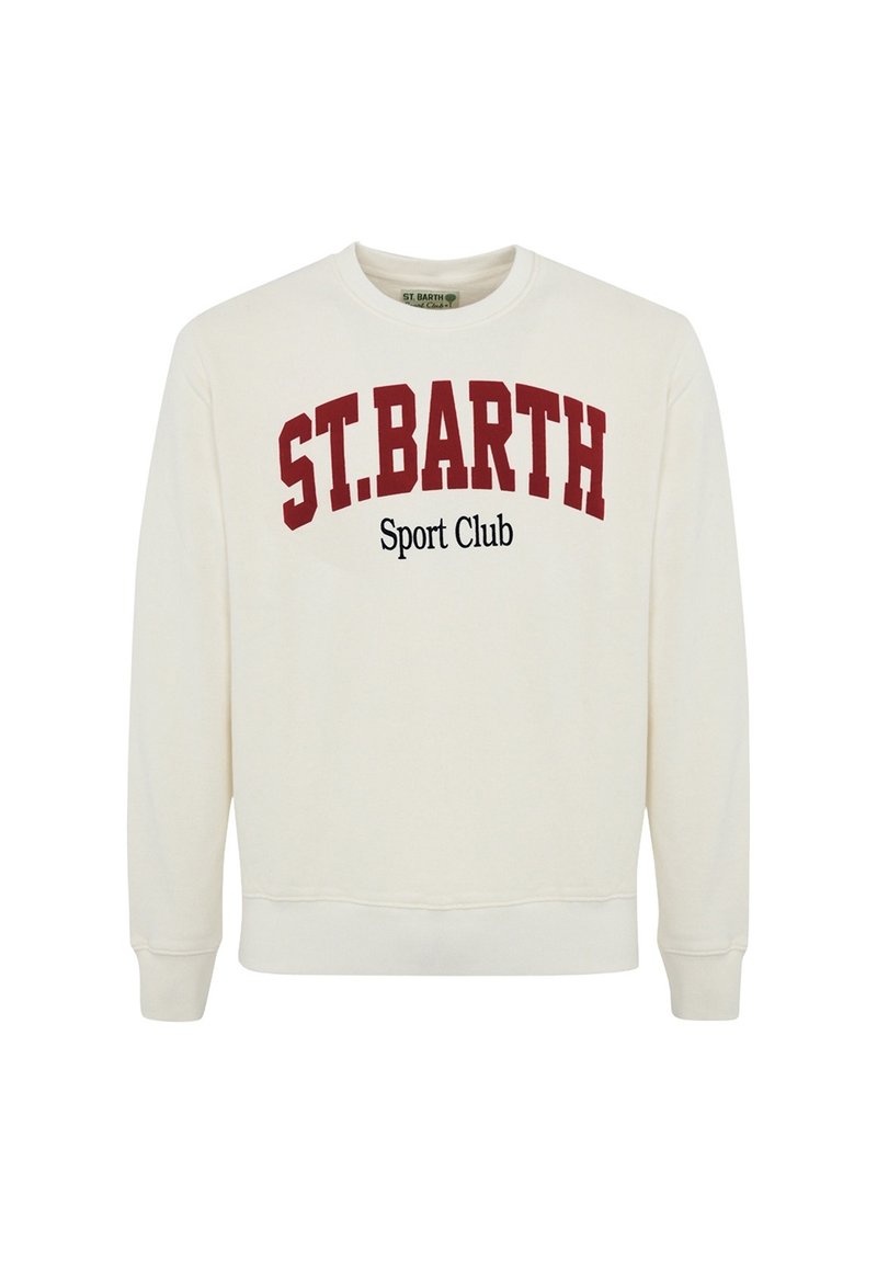 Felpa crema con collo a giro, scritta rossa e nera "ST. BARTH Sport Club" sul petto, polsini e fondo a costine. Tessuto morbido.