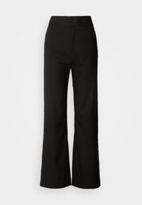 Pantalones negros de pierna ancha hechos de una tela lisa. Presentan una cinturilla alta con cierre de cremallera y sin bolsillos visibles.