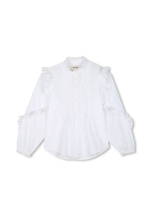 Blouse blanche à manches longues avec volants aux épaules et aux poignets, détail de plis piqués verticaux, patte de boutonnage courte et col rond.