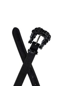 Curea neagră din piele cu o textură netedă, prevăzută cu o cataramă decorativă împodobită cu pietre prețioase negre, aranjate într-un model elegant.