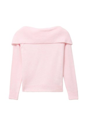 Maglione a maglia di un rosa chiaro con colletto a coste sceso sulle spalle, maniche lunghe e orlo inferiore aderente. Texture morbida in tutto il capo.
