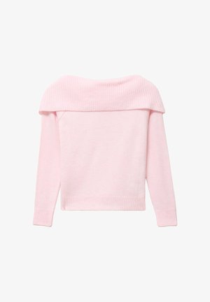 Maglione a maglia di un rosa chiaro con colletto a coste sceso sulle spalle, maniche lunghe e orlo inferiore aderente. Texture morbida in tutto il capo.