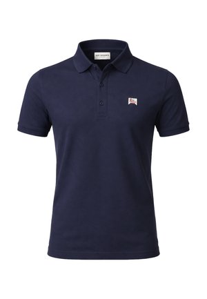 Polo a maniche corte blu navy con colletto, tre bottoni e un piccolo logo Roy Rogers sul petto a sinistra.