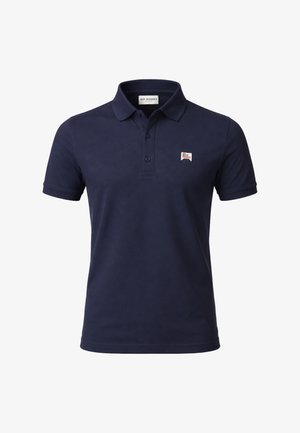 Polo a maniche corte blu navy con colletto, tre bottoni e un piccolo logo Roy Rogers sul petto a sinistra.