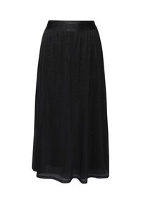 Jupe noire semi-transparente avec une texture douce, dotée d'une taille élastique embossée avec les mots "SIMPLE". Design fluide en A.