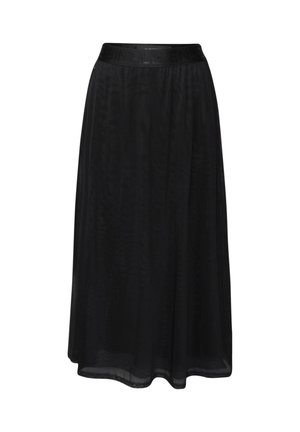 Jupe noire semi-transparente avec une texture douce, dotée d'une taille élastique embossée avec les mots "SIMPLE". Design fluide en A.