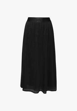 Jupe noire semi-transparente avec une texture douce, dotée d'une taille élastique embossée avec les mots "SIMPLE". Design fluide en A.