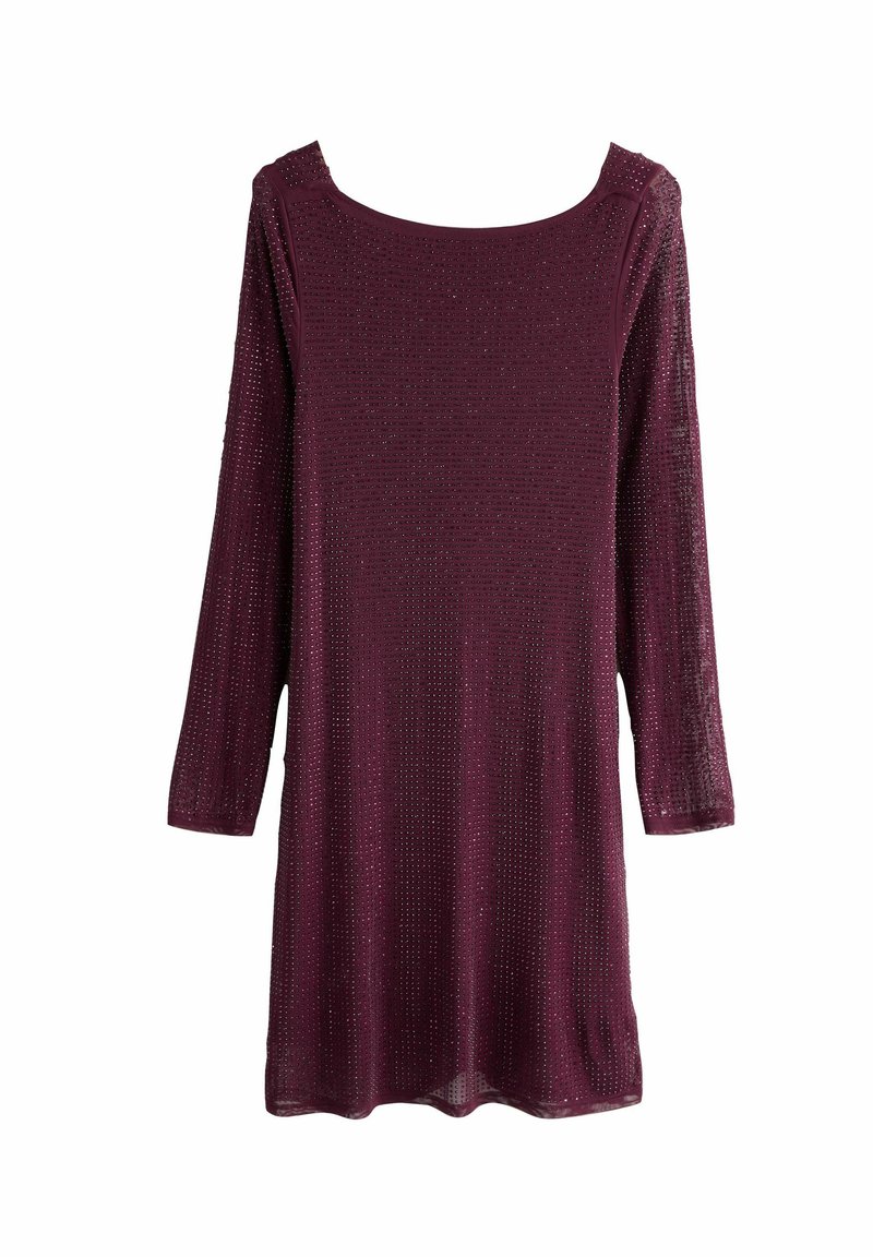 Weinrotes Kleid mit Dreiviertelärmel, aus strukturiertem Stoff mit einem Glitzereffekt und weit geschnittenem Rundhalsausschnitt.