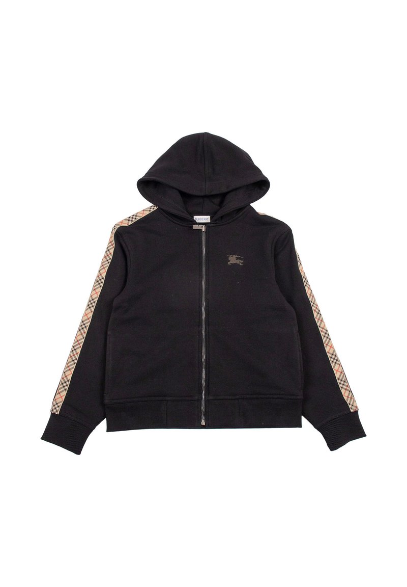 Felpa nera con zip e cappuccio, caratterizzata da dettagli a quadri sulle maniche e un piccolo logo sul petto. Tessuto morbido e texturizzato.