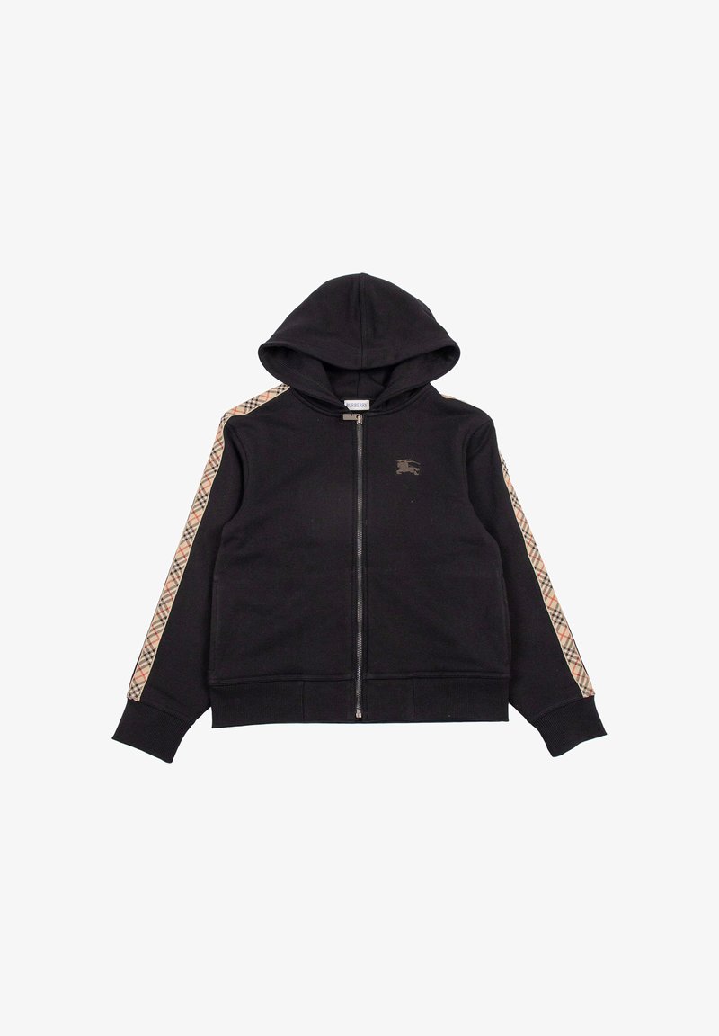 Felpa nera con zip e cappuccio, caratterizzata da dettagli a quadri sulle maniche e un piccolo logo sul petto. Tessuto morbido e texturizzato.