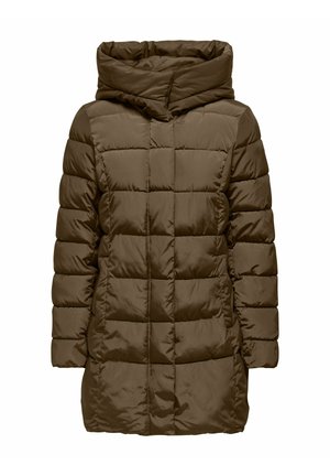 Cappotto imbottito marrone con cappuccio, caratterizzato da un design trapuntato e una texture liscia. Maniche lunghe e silhouette di lunghezza media. Senza chiusure visibili.