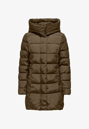 Geacă de tip puffer de culoare maro, cu glugă, având un design matlasat și o textură netedă. Mâneci lungi și o siluetă de lungime medie. Fără închderi vizibile.