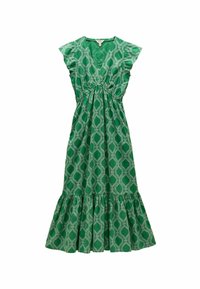 Grünes gemustertes Kleid mit V-Ausschnitt, schwingenden Ärmeln, taillierter Taille und voluminösem Saum. Hergestellt aus leichtem Stoff.