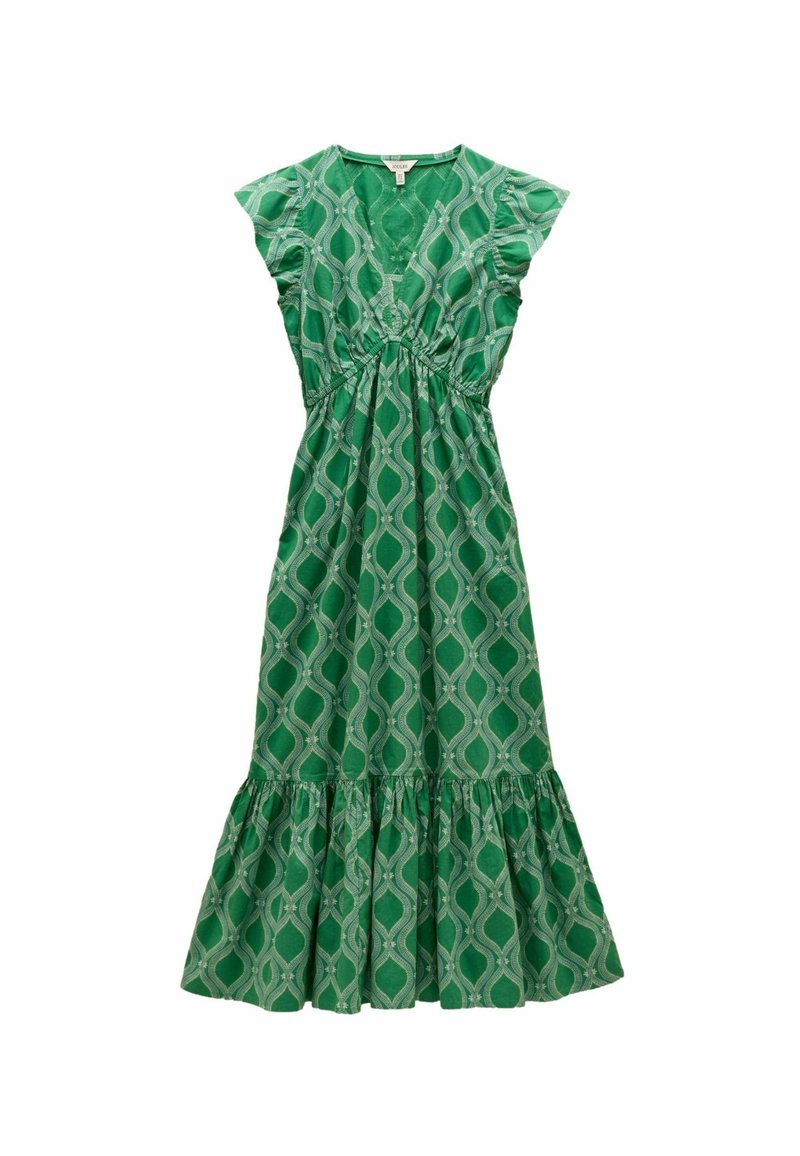 Grünes gemustertes Kleid mit V-Ausschnitt, schwingenden Ärmeln, taillierter Taille und voluminösem Saum. Hergestellt aus leichtem Stoff.