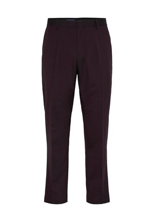 Pantaloni plissettati realizzati in tessuto bordeaux scuro, con taglio dritto, tasche laterali e una cintura liscia. Design semplice ed elegante.