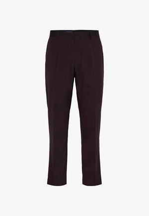 Záhybové kalhoty z tmavě burgundské látky, s rovný střih, bočními kapsami a hladkým pasem. Jednoduchý, elegantní design.