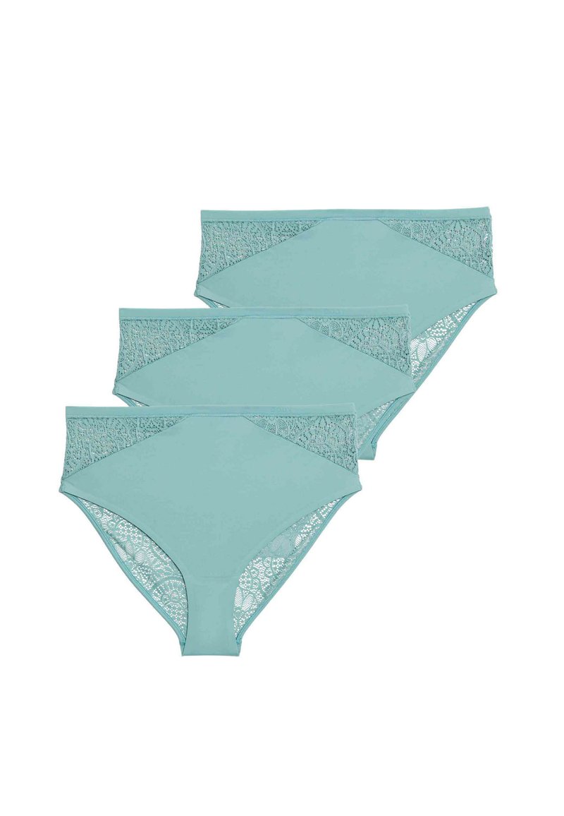 Helle türkisfarbene hochgeschnittene Slip-Shorts im Dreierpack, aus weichem Stoff mit Spitzenakzenten an den Seiten, mit einer glatten Oberfläche und nahtlosem Design.