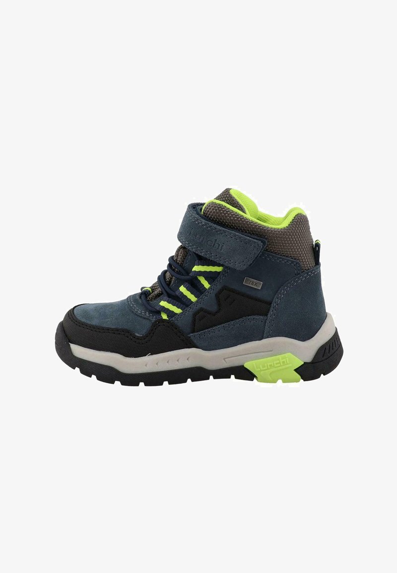 Sneaker alte per bambini in blu navy e nero con dettagli verde neon, chiusura a strappo e suola robusta per l'uso all'aperto.