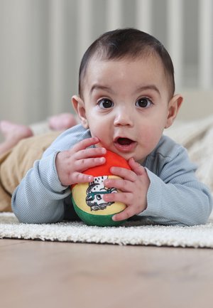 Bébé couché sur le ventre sur un tapis, tenant et mordillant une balle molle multicolore avec un personnage de dessin animé dessus.